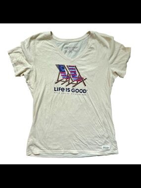 Life Is Good Cream V‑Neck Tee with Patriotic Deck Chair Graphic